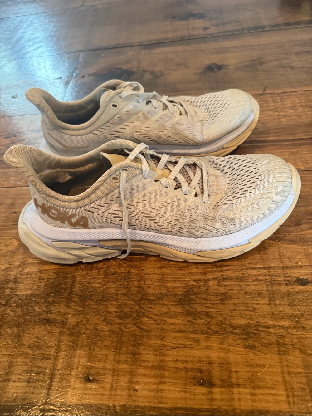 Hoka Women's Running Shoes in Light Tan and White